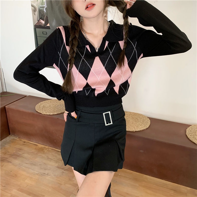 Rajut Premium Kotak Kotak Knitwear Crop Top Lengan Pajang Wanita