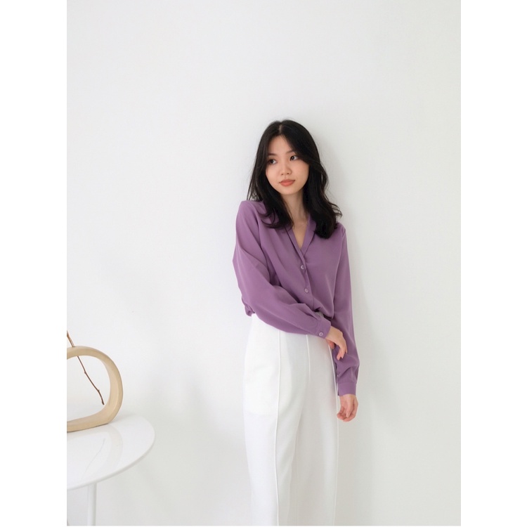 T-0400 Kemeja Wanita Long Sleeves Shirt Vneck-PURPLE