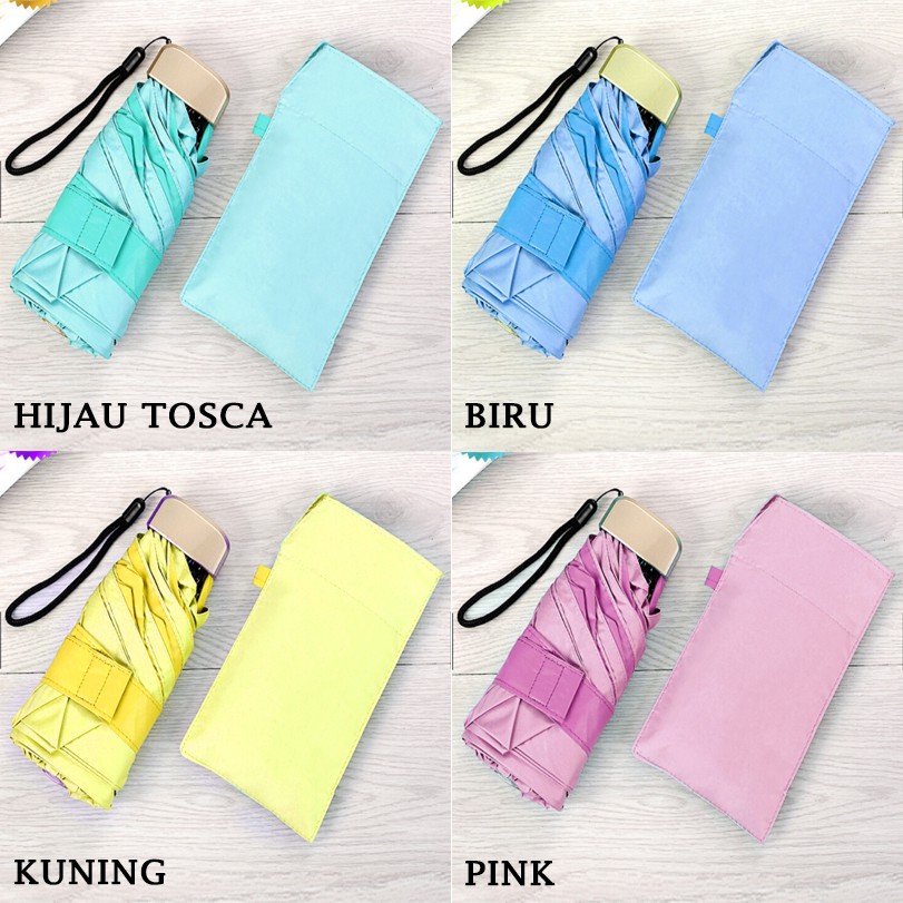 Payung Mini Cantik ANTI UV 50 Lipat UPF Umbrella Kecil Matahari Tas sarung tali biru hijau kuning