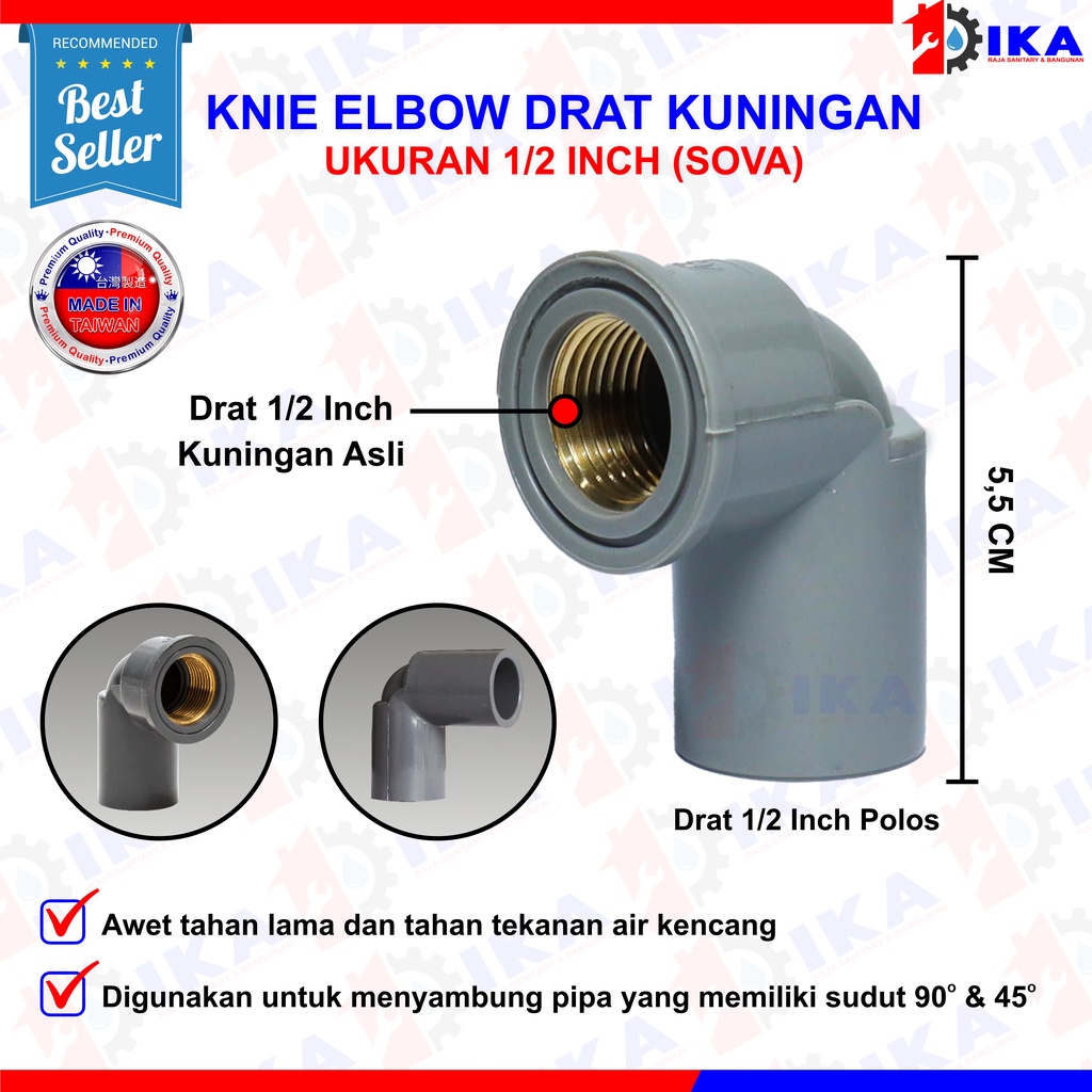 KNEE DRAT DALAM PVC KUNINGAN 1/2 INCH / ELBOW PIPA /UNION KUALITAS BGS