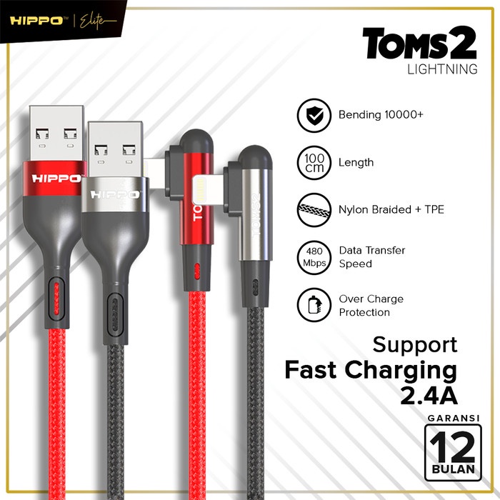 Hippo Kabel Data Gaming Mobile Toms2 USB to Lightning Fast Charging 2.4 A Cable Lightning iPhone USB Data Colokan L 90 Derajat