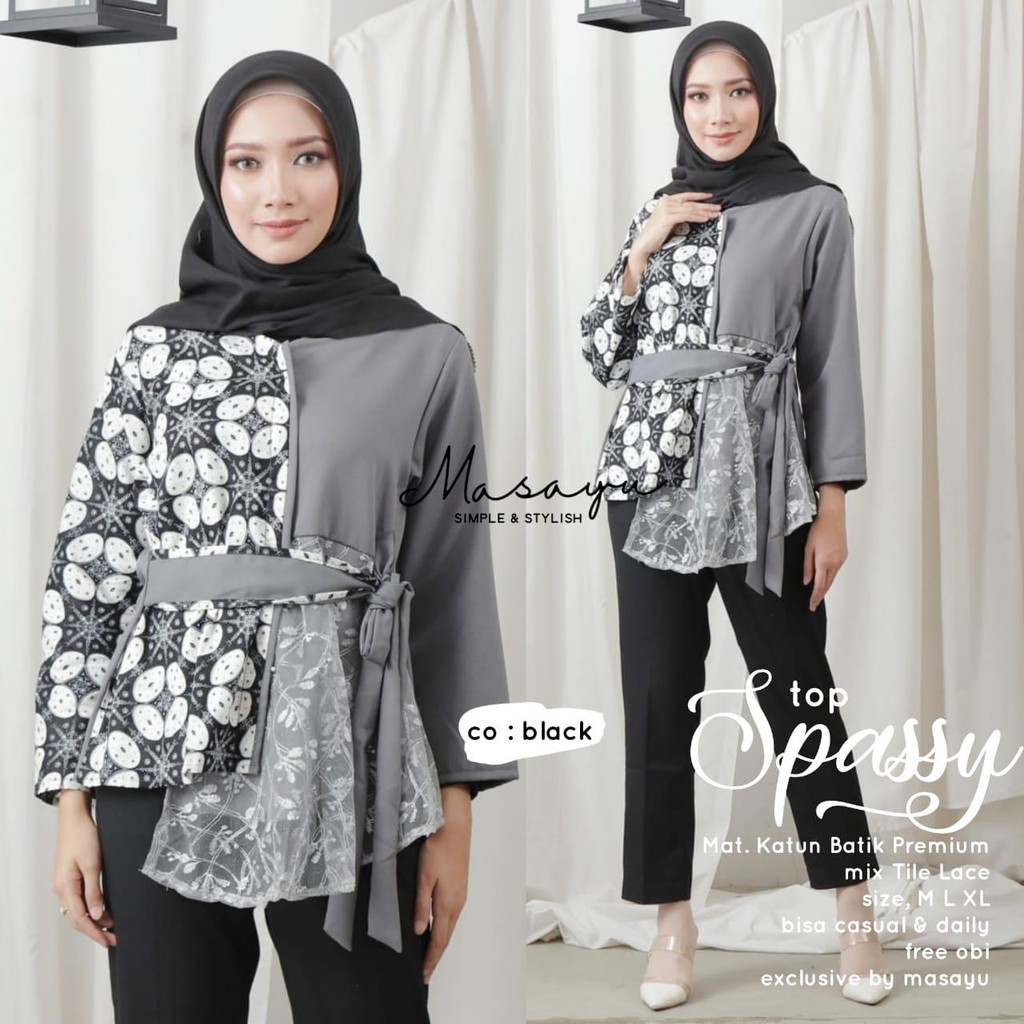 [PREMIUM] Top Spassy Black Batik Ziggy Tali Atasan Batik Blus Kombi Modern Kerja Seragam Kantor