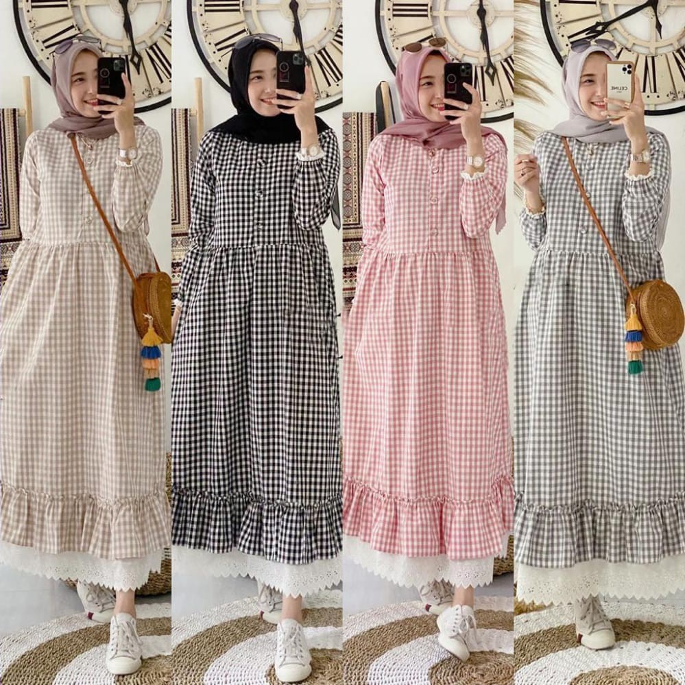 Zeline Maxi Dress Muslim Motif Kotak Bahan Katun