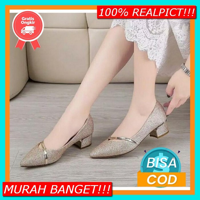 Hils Wanita Import Pesta Kerja Kondangan Murah Terbaru Hak Tinggi Hak  Heels Tahu Emas Silver Hitam