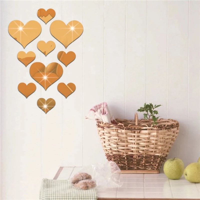 10Pcs/Set Home 3D Acrylic Mirror Love Hearts Wall Sticker / DIY Simple Decal Removable Paster Decor