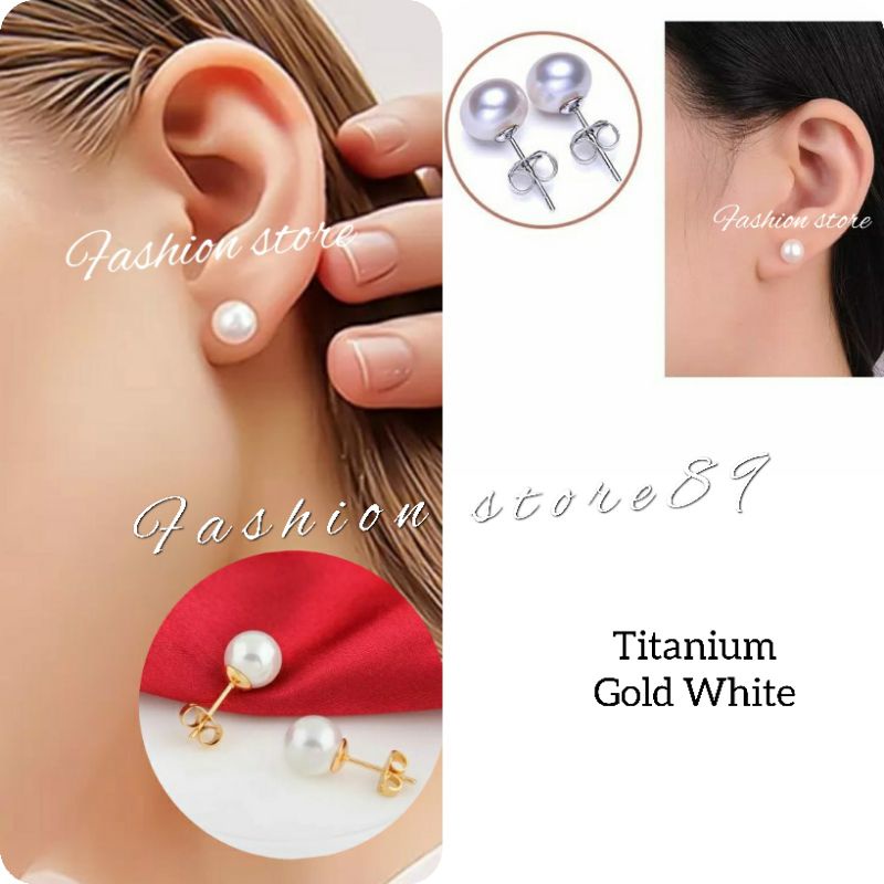 Titanium Anting tusuk pentol Mutiara Putih Antikarat Gold White Fashion Anting Wanita impor