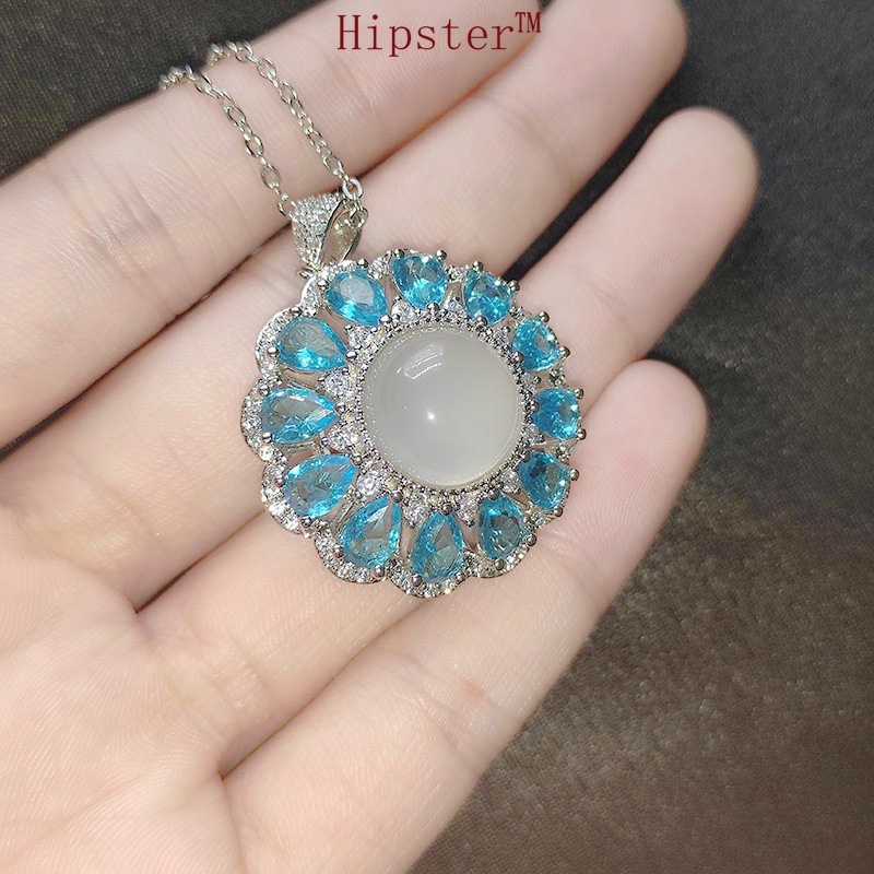 White Chalcedony Necklace Ring Sapphire Earrings Pendant Set for Women