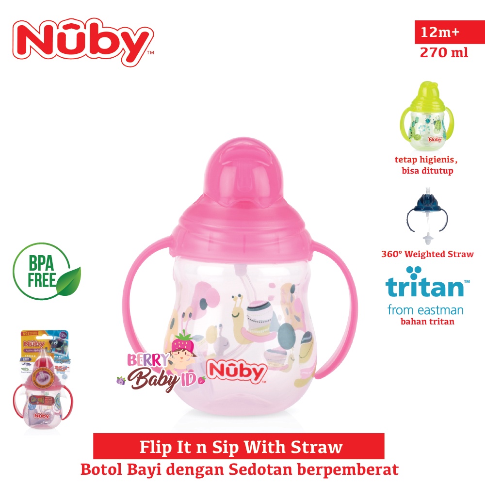 Nuby Flip It n Sip Straw Botol Training Cup Sedotan Bayi Anti Tumpah Botol Sedotan Bayi Anak BPA Free Berry Mart