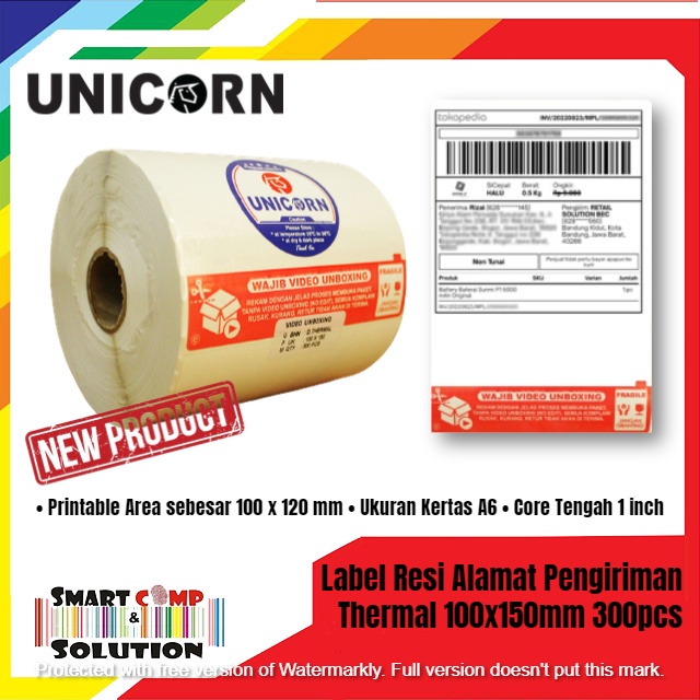 Label Thermal Unicorn Lite Resi Alamat Pengiriman 100x150mm - Stiker Video Unboxing