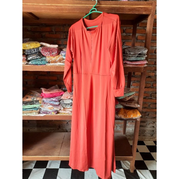 gamis jersey orange manset gamis polos resleting depan