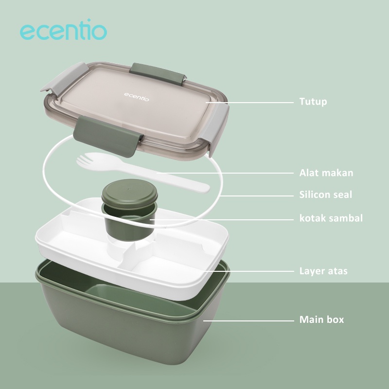 ecentio lunch box/kotak makan double layer 2L free kotak/tempat bekal makan sambal/sauce cup