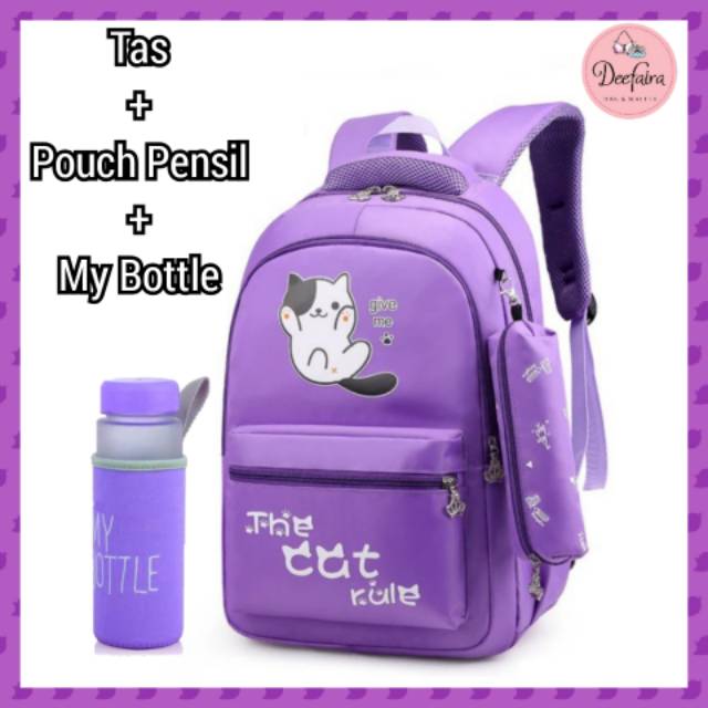 Tas Sekolah Wanita Tas Backpack Cat Set Pouch Pensil dan My Bottle