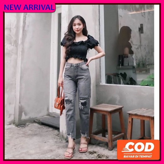 Celana Panjang Jeans Kolor Wanita Celana Jins Cewek Pinggang Karet Melar Bahan Demin Halus Premium S