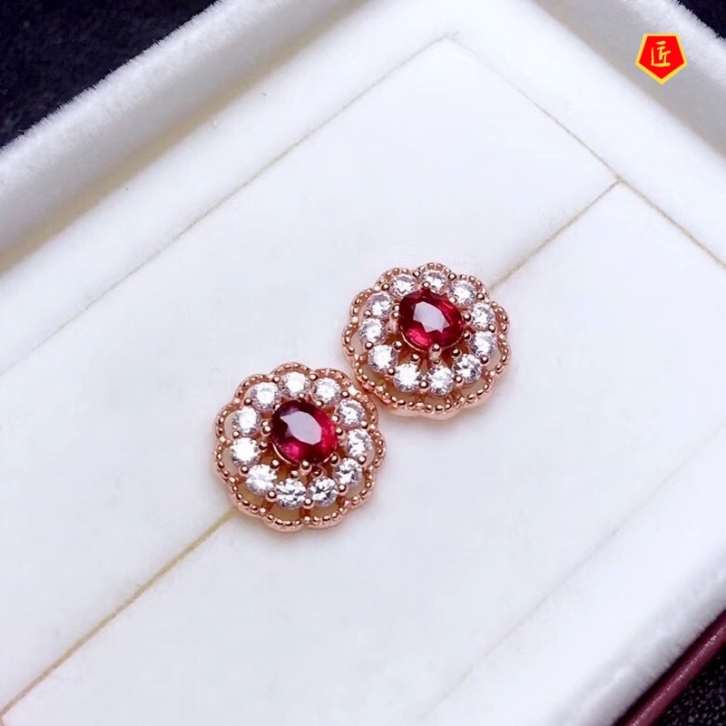 [Ready Stock]Fashion New Inlaid Garnet Full Diamond Flower Stud Earrings