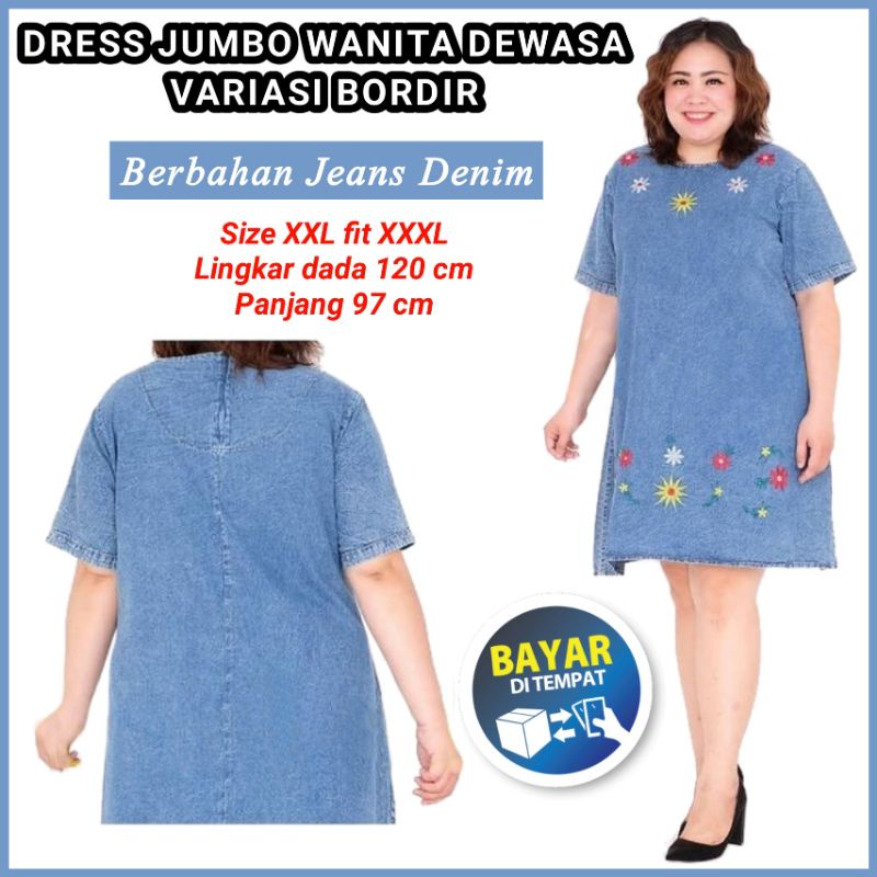 Dress Cewek Casual Jumbo XXL Fit XXXL Bahan Jeans Denim Dres Jeans Bordir Pendek Wanita Dewasa