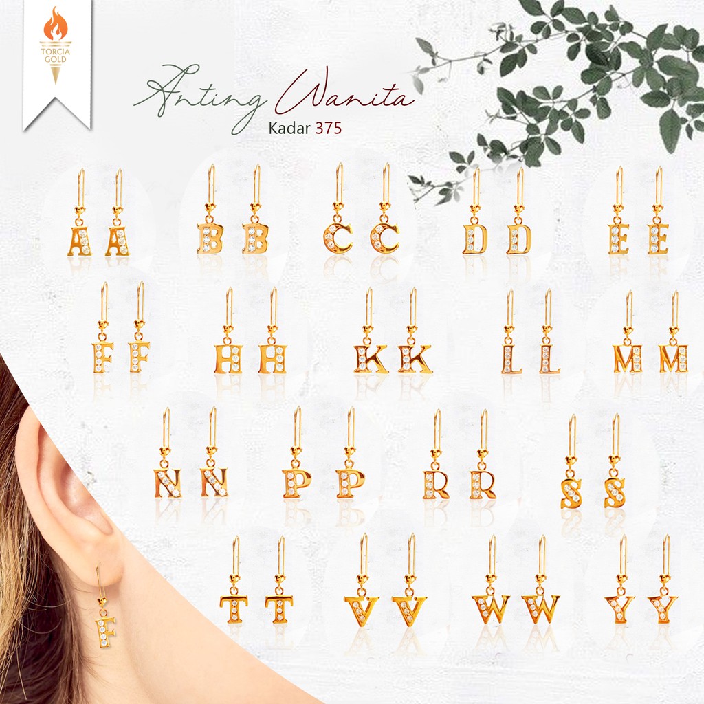 Anting Wanita Emas Asli Huruf Kadar 375 Torcia Gold