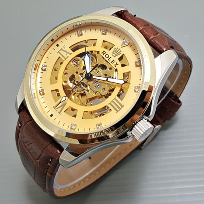JAM TANGAN ROLEX KULIT AUTOMATIC BESAR BROWN (GOLD ROMAWI)