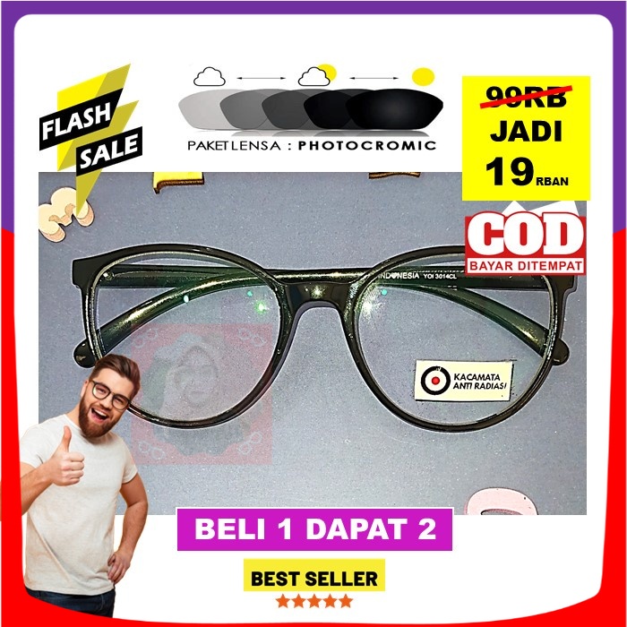 WOW MURAH Kacamata Photocromic Pria WanitaBulat Oval Gagang Plastik Normal Minus Berubah Warna Kekin