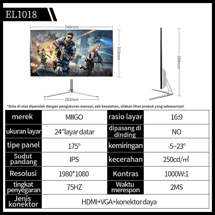 MIIGO Monitor komputer dengan resolusi tinggi lengkung ultra-tipis 24 inch-75HZFace the screen