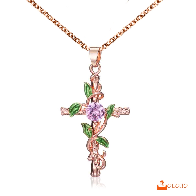 OLOJO Kalung Salib Daun Berlian Tembaga Liontin Wanita Necklace