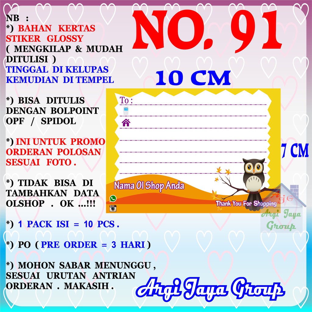 

Promo!Stiker Label Pengiriman Polosan No = 91 (10x7cm) 1 Pack = 10 Pcs