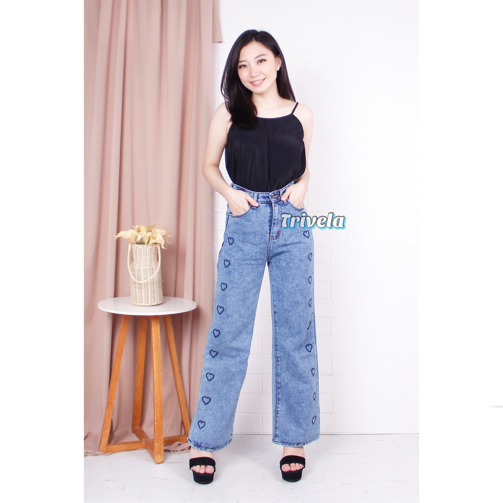 T154 - Kulot Jeans Love / Love Jeans / Celana Jeans Panjang Model Longgar Anti Ngatung / Highwaist Model Korea