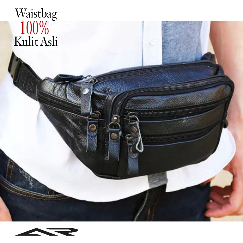 Tas Selempang Pria KULIT ASLI Waistbag Casual 7 Ruang Multi Fungsi