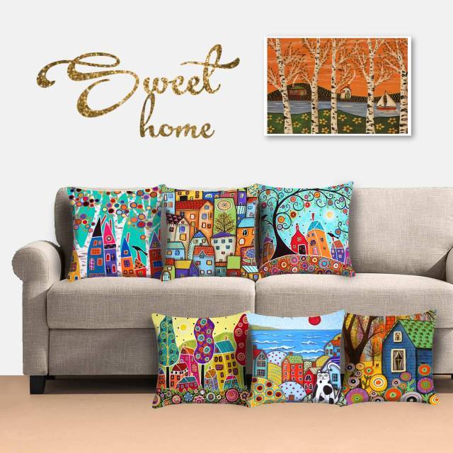 BANTAL SOFA PRINT MOTIF PAINTING RETRO TOWN 40X40 CM