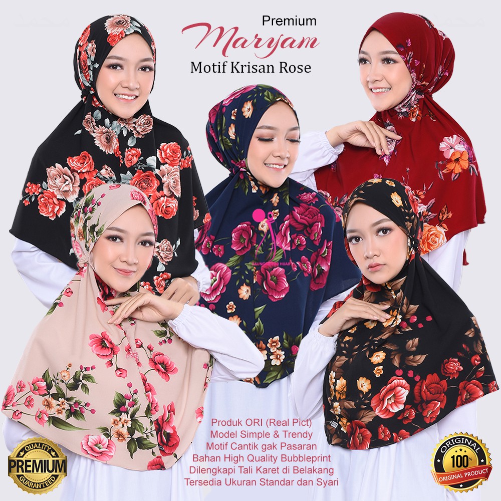Kerudung Tali Belakang Murah ORI Terbaru Bergo Maryam Jumbo Syari Motif Bunga Mawar Krisan Premium