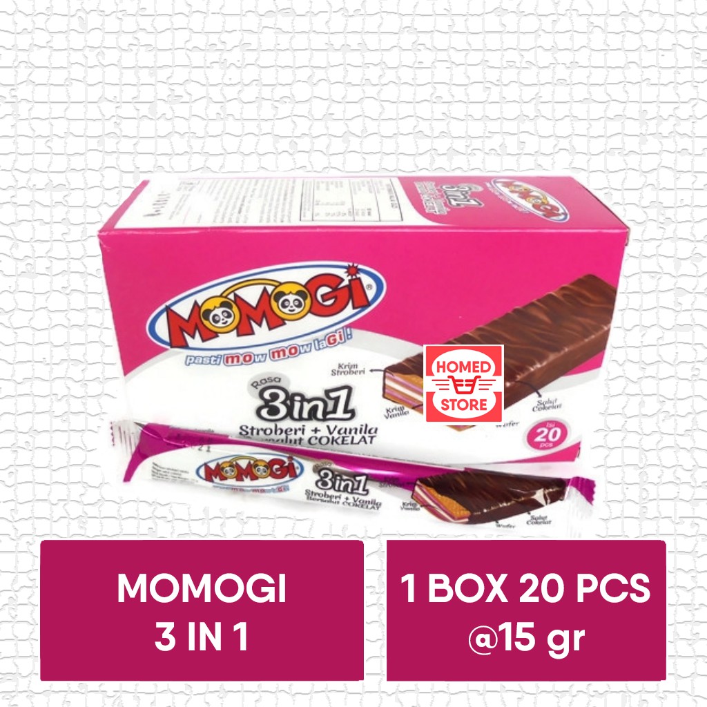 

Wafer Momogi 3 in 1 Bersalut Cokelat 1 Box Isi 20 Pcs
