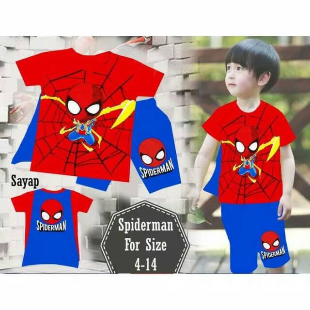 Baju Setelan Anak Laki Cowok London Kids LK Kaos Spiderman Merah Sayap Biru