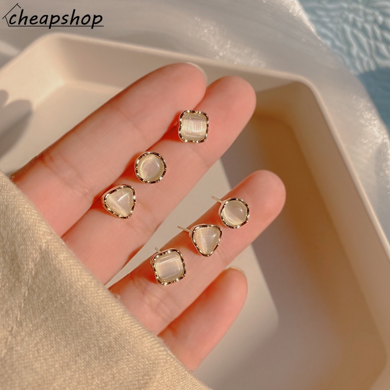 IFYOU 3pcs / set Anting Stud Opal Warna Silver Gaya Elegan Untuk Wanita