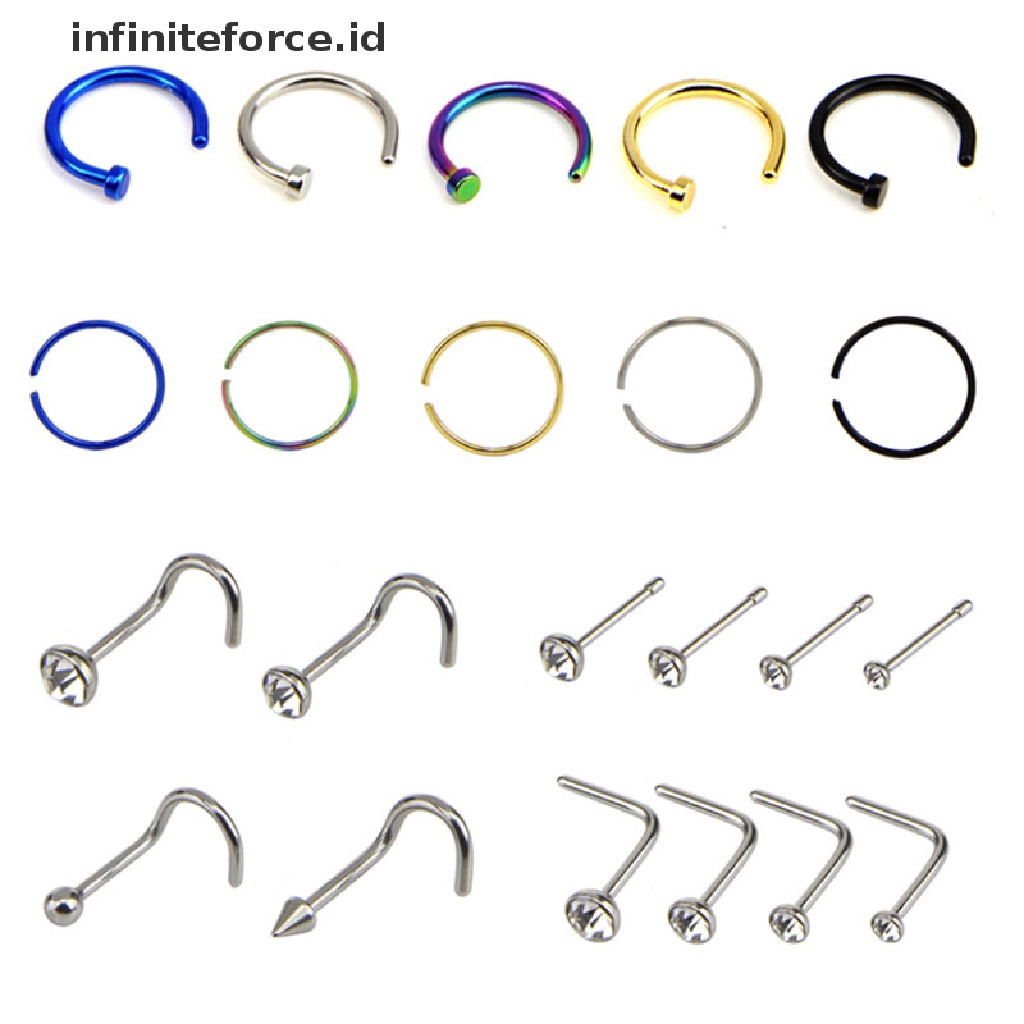 22pcs / Set Cincin Hoop Tindik Tubuh Hidung Bahan Stainless Steel