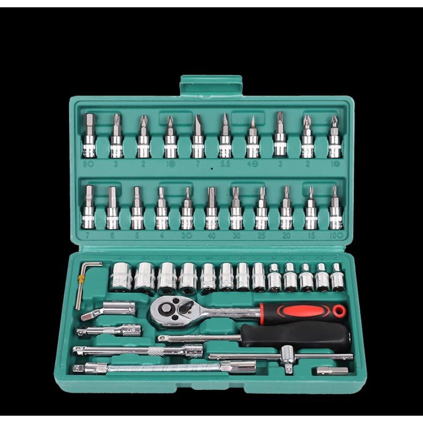Set Kunci Sok Kunci Shock 46 pcs Mobil Motor Lengkap Socket Tool Kit Pas Ring L Motor Mobil-Hijau