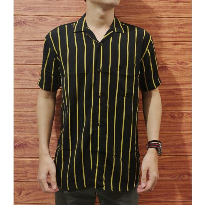 BRYANTfashion - KEMEJA LENGAN PENDEK PRIA/KEMEJA STRIPE PRIA HITAM SALUR KUNING/KEMEJA SALUR PRIA