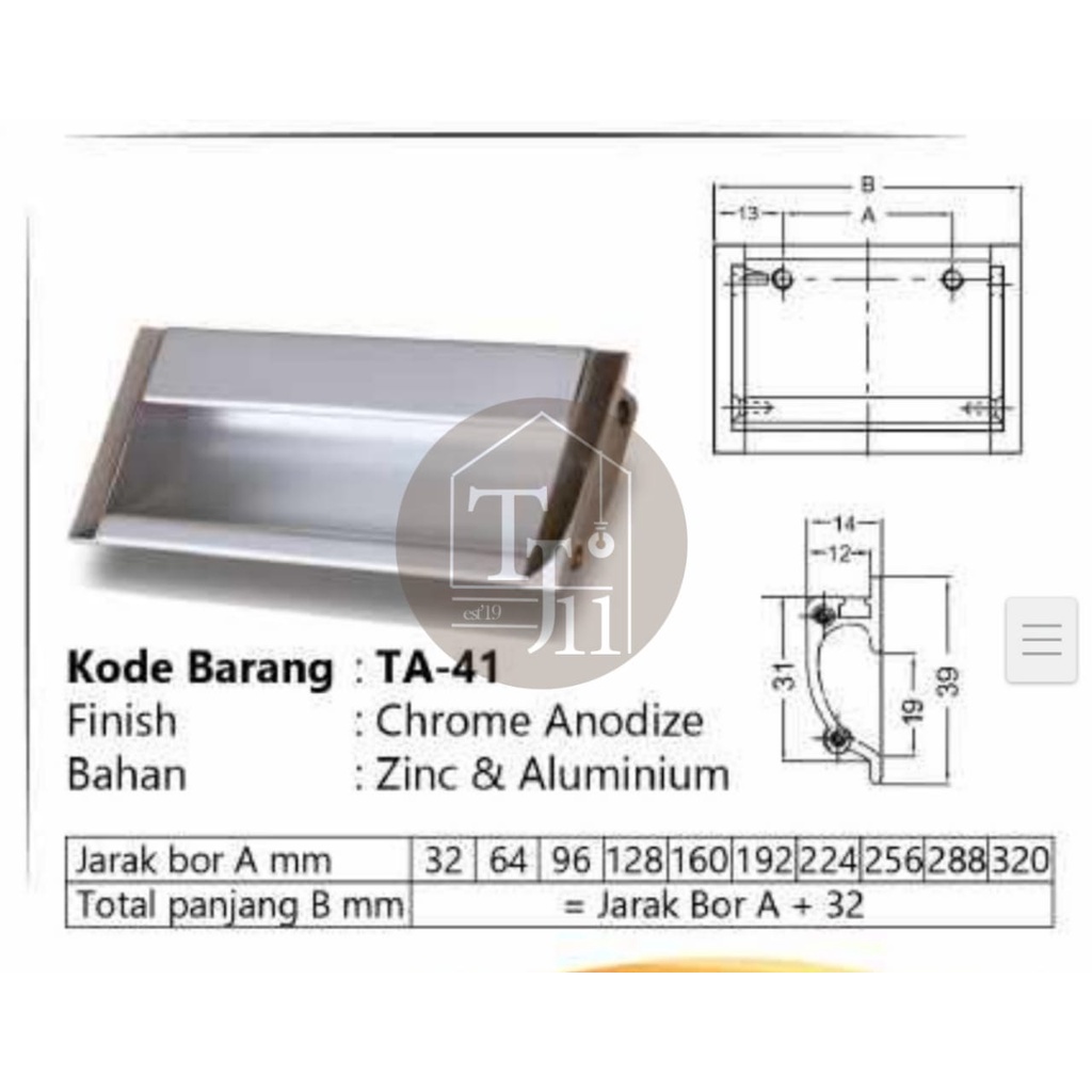 HANDLE TANAM TA 41-96 mm HUBEN / TARIKAN KOM ALUMINIUM LACI LEMARI