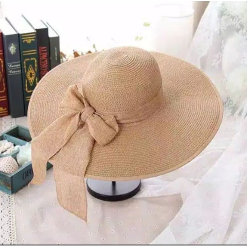 topi pantai wanita hat papper pita lebar import