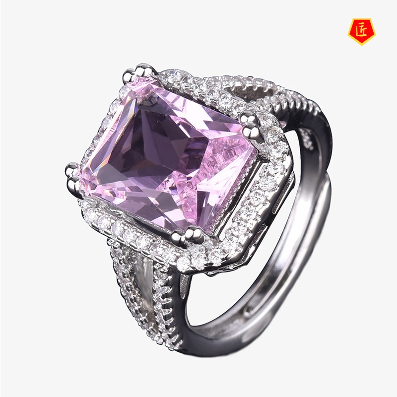 [Ready Stock]High-End Luxury Elegant Rectangular Pink Tourmaline Open Ring