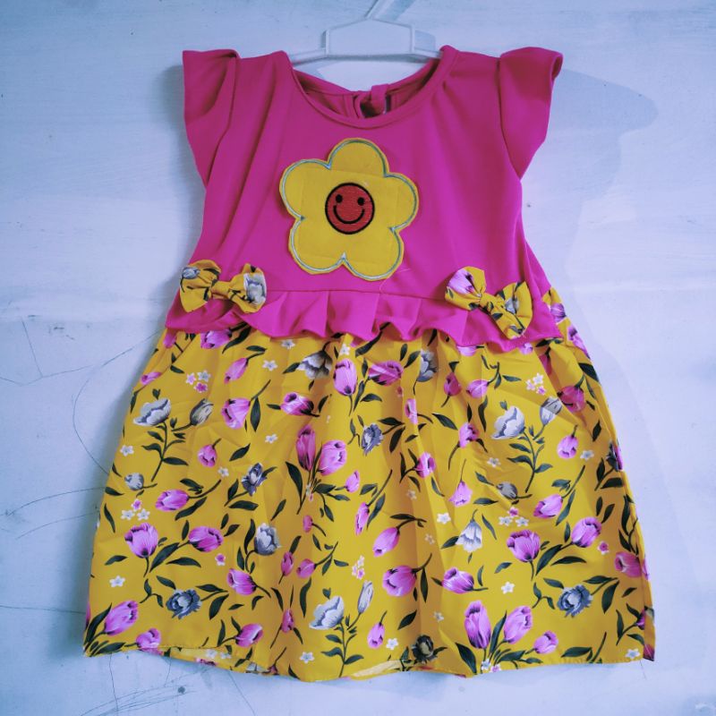 Dress anak cewek 1 2 Tahun perempuan tulip pita kartun smile ( Dress SmileTu)