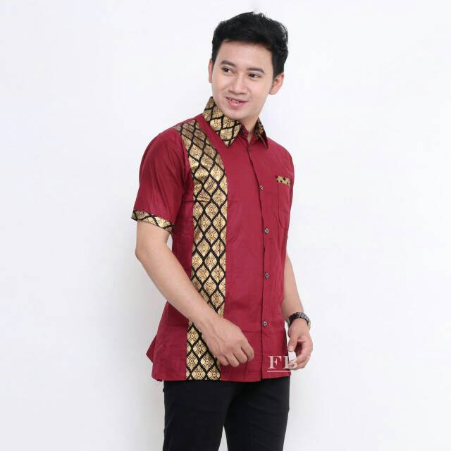 Baju Hem Batik Kombinasi Prada Atasan Pria Seragaman Bakung Red, Grey, Black marriage uniform