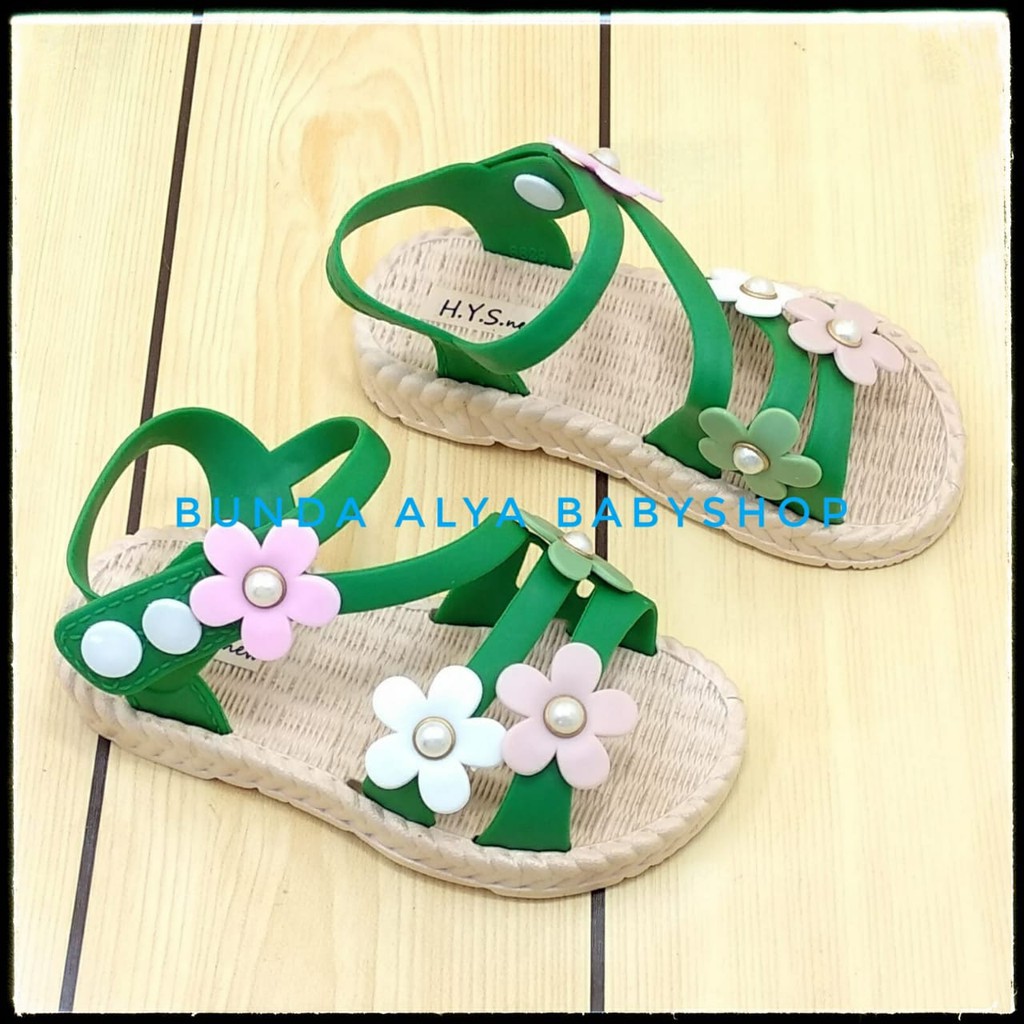 Sendal Anak Perempuan IMPORT Usia 4 5 6 Tahun Bunga HIJAU - Sepatu Sandal Anak Cewek Tali Bunga Elastis Anti Licin Alas Karet