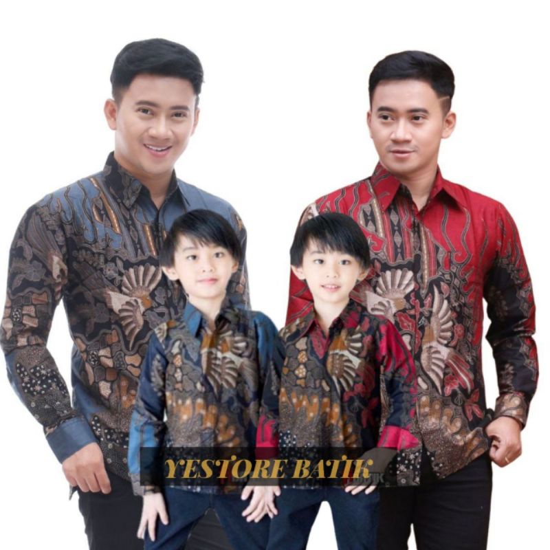 0BAJU BATIK COUPLE AYAH ANAK LENGAN PANJANG, BAJU BATIK PRIA MANUK TARUNG, BAJU ANAK COWOK COUPLE AYAH, BAJU BATIK KELUARGA, SERAGAM BATIK, COUPLE BATIK WARNA BIRU MERAH