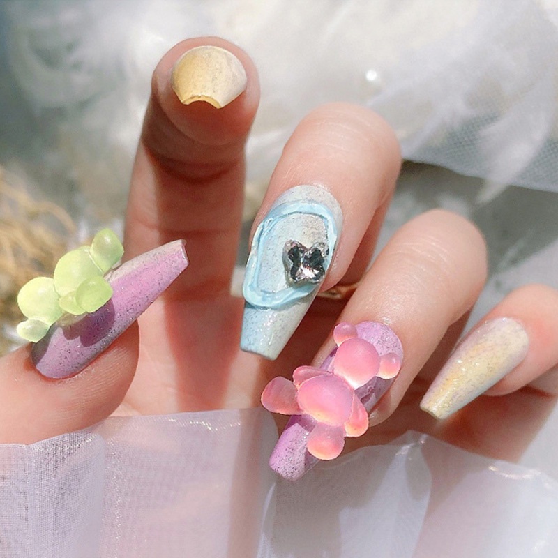 1 / 5 Pcs Perhiasan Nail Art 3D Motif Kartun Beruang Bahan Jelly Transparan Bercahaya
