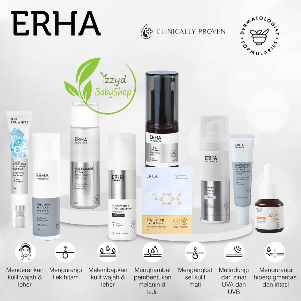 Erha truwhite brightening day cream, face toner, facial wash, night cream vit c &amp; peptides serum, neck cream, active glow booster series pencerah|Erha21 DF Brightening Facial Mask|Truwhite Algae Complex &amp; Cucumber Extract Brightening Eye Serum 15g