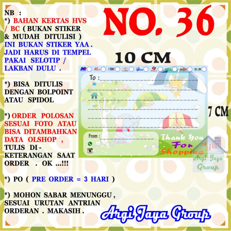 

Label Pengiriman Alamat Olshop Murah Nomer 36 - 10x7cm - Kertas BC (Manila)