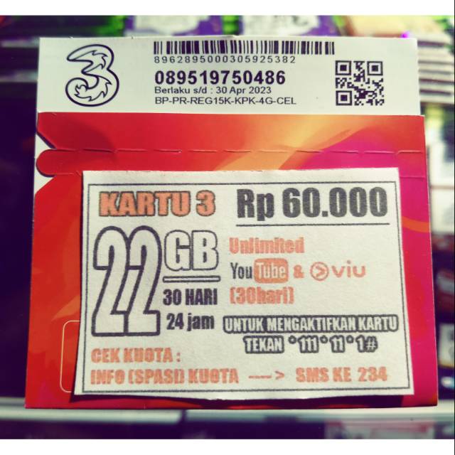 Kartu Data 3 (tri) 22GB UNLIMITED YOUTUBE DAN VIU