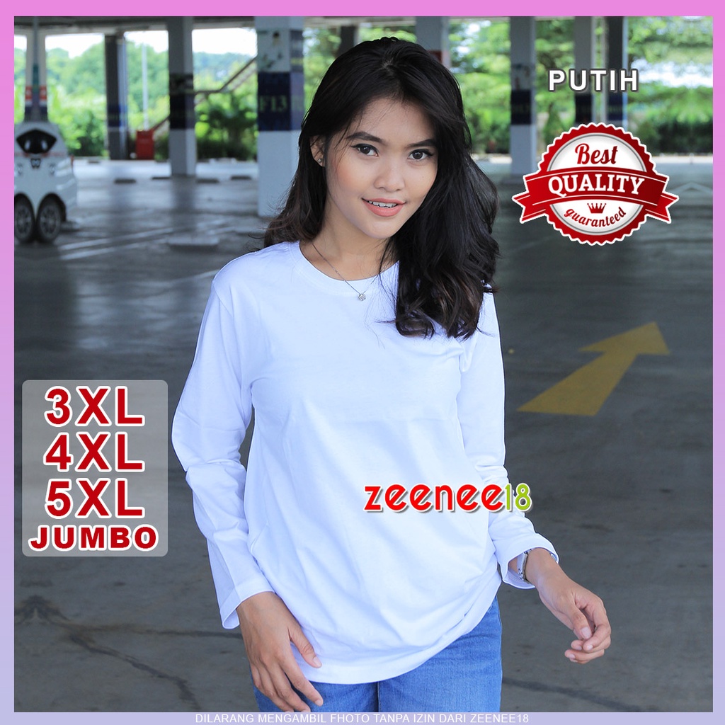 Kaos Jumbo Wanita Lengan Panjang ld 130 3XL 4XL 5XL Putih Solid