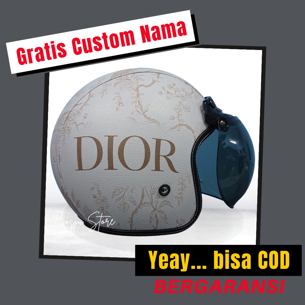Helm Bogo Motif Dior Putih Abu | Custom Warna Nama | Helem Retro Klasik Anak Cewek Wanita Remaja Dew