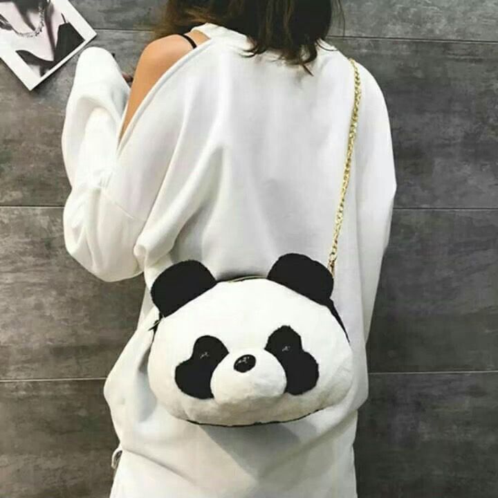 Produce Pandas - Tas Selempang Wanita Bulu Boneka PANDA Hitam Putih Imut Lucu Gemoy Chubby Gemes / Tas Boneka Panda Tali Rantai Bisa COD