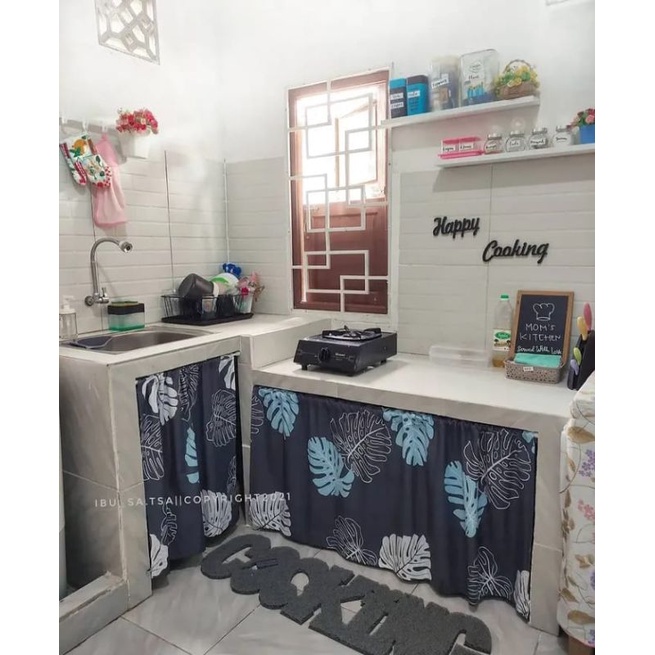 gorden kolong dapur tirai gorden meja monstera biru